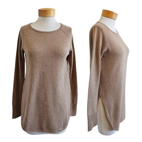 Halogen Tan Wool Cashmere Blend Rounded Hem Classic Pullover Tunic Sweater S - Picture 1 of 10
